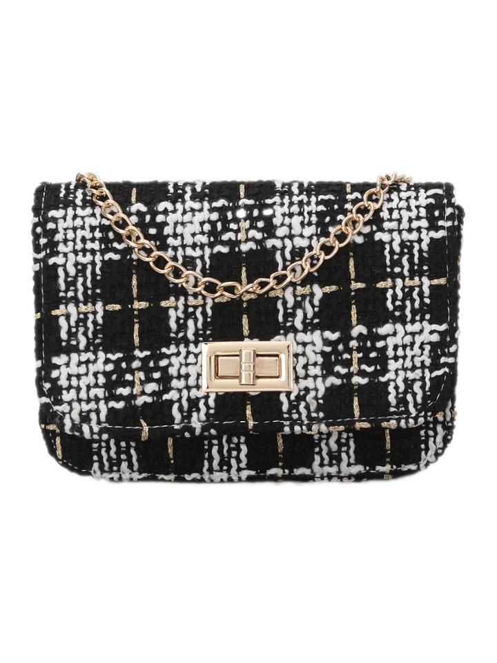 Romwe Tweed Turn Lock Chain Flap Bag