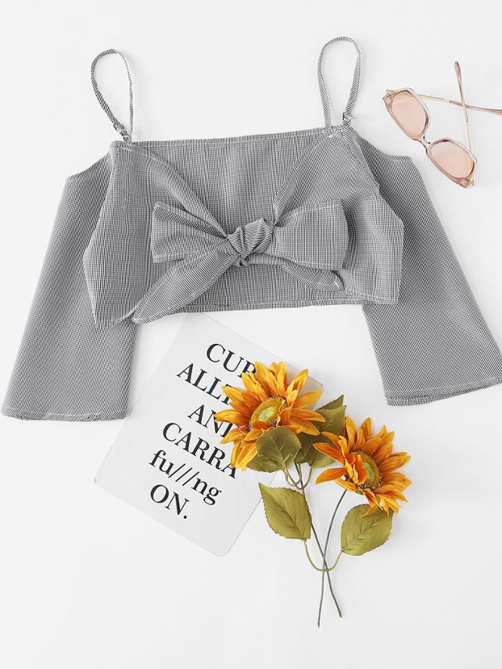 Romwe Open Shoulder Knot Front Crop Top
