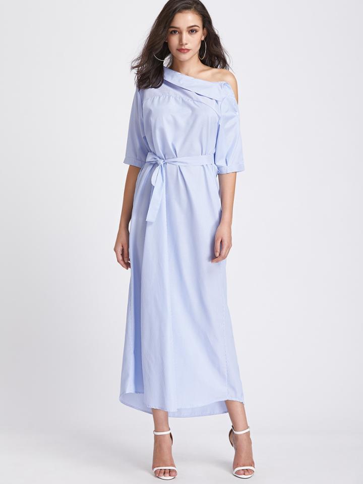 Romwe Pinstripe Asymmetrical Off Shoulder Self Tie Dress