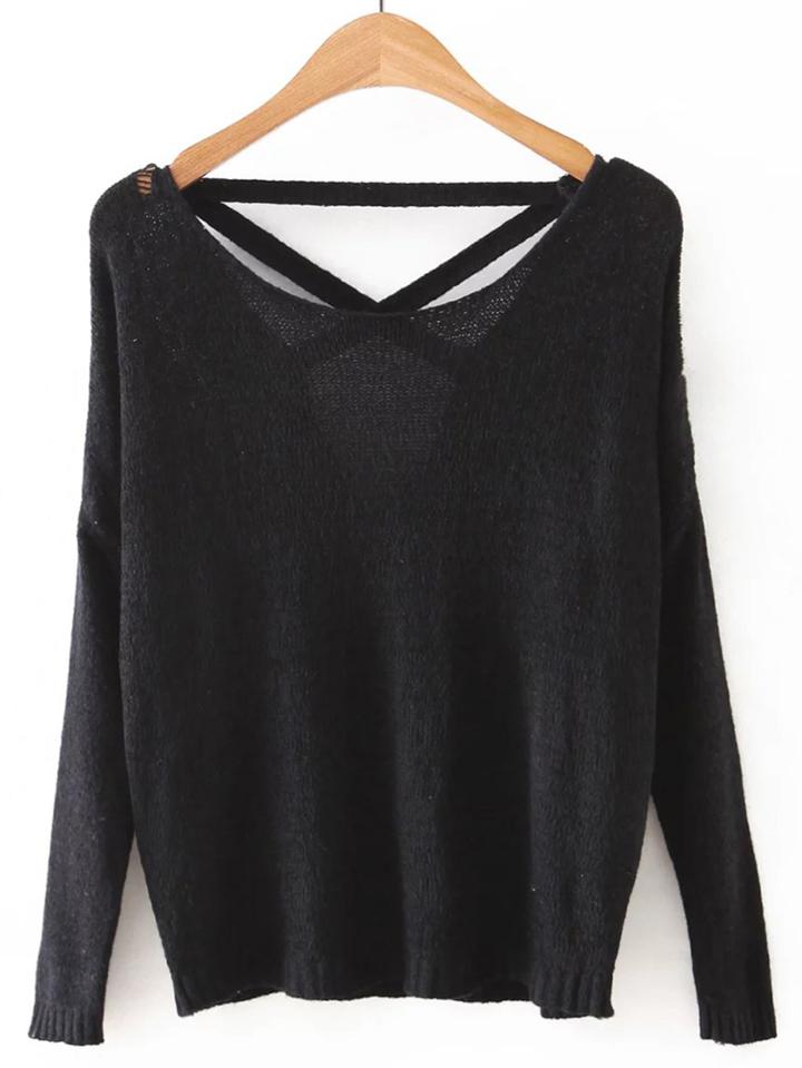 Romwe Black Criss Cross Back Knitwear