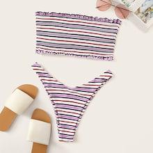 Romwe Striped Smocked Bandeau With High Cut Bikini Set
