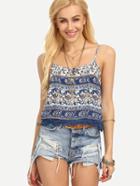 Romwe Lace Trimmed Flower Print Cami Top - Blue