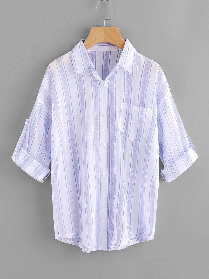 Romwe Rolled Sleeve Stripe Shirt With Chest Pocket