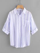 Romwe Rolled Sleeve Stripe Shirt With Chest Pocket