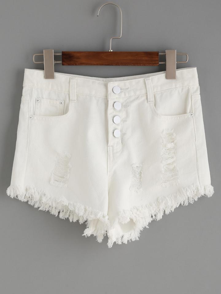 Romwe White Button Fly Ripped Raw Hem Denim Shorts