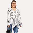 Romwe Plus Size V-neck Belted Striped Blouse