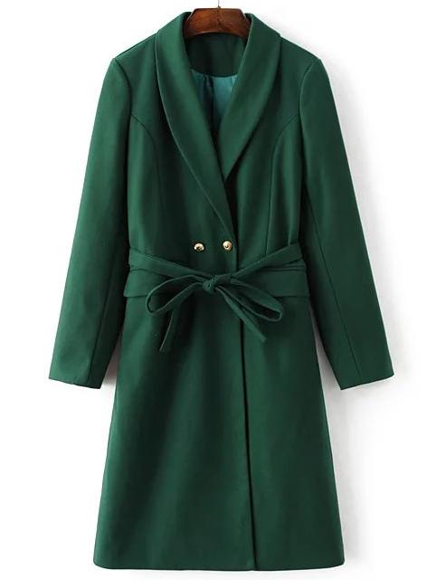 Romwe Green Shawl Collar Double Breasted Self Tie Long Coat