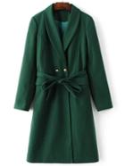 Romwe Green Shawl Collar Double Breasted Self Tie Long Coat