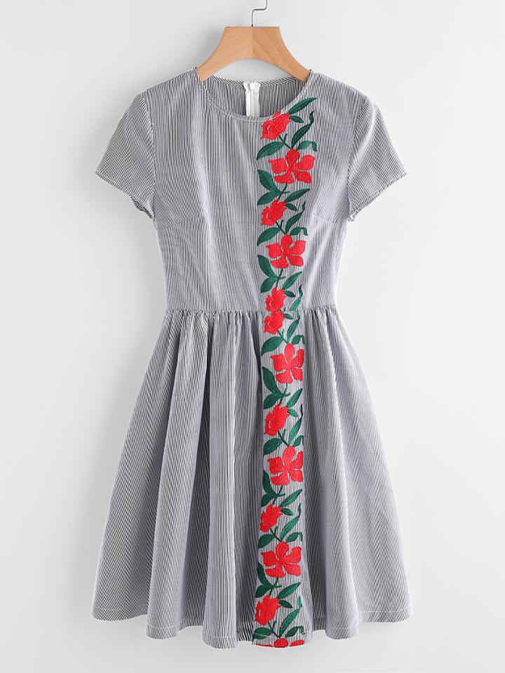 Romwe Embroidered Flower Panel Fit And Flare Striped Dress