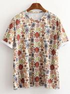 Romwe Multicolor Short Sleeve Roll Cuff Print T-shirt