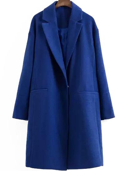 Romwe Lapel Long Sleeve Woolen Blue Coat