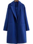 Romwe Lapel Long Sleeve Woolen Blue Coat