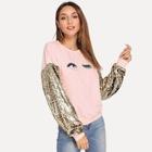 Romwe Sequin Sleeve Winky Eyes Print Pullover
