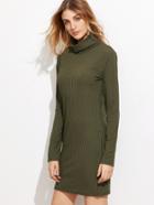 Romwe Army Green High Neck Ribbed Sheath Dress