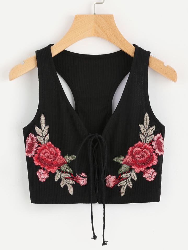 Romwe Rose Applique Lace Up Front Ribbed Racerback Tank Top