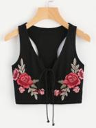 Romwe Rose Applique Lace Up Front Ribbed Racerback Tank Top