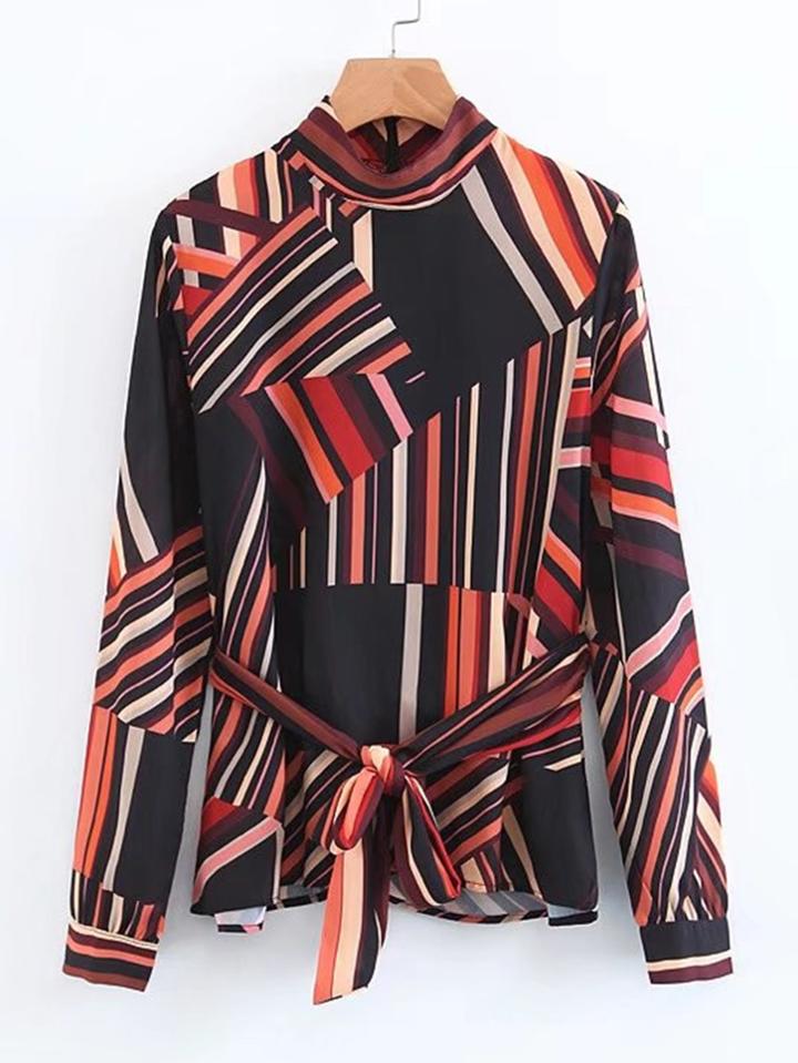 Romwe Striped Blouse With Belt