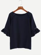 Romwe Navy Hollow Out Ruffle Sleeve Top
