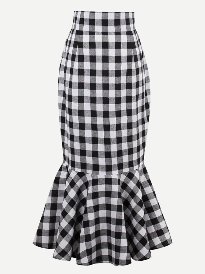 Romwe Checkered Fishtail Hem Skirt