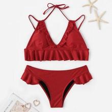 Romwe Ruffle Halter Top With Cheeky Bikini Set