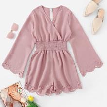 Romwe Laser Cut Scallop Solid Jumpsuit