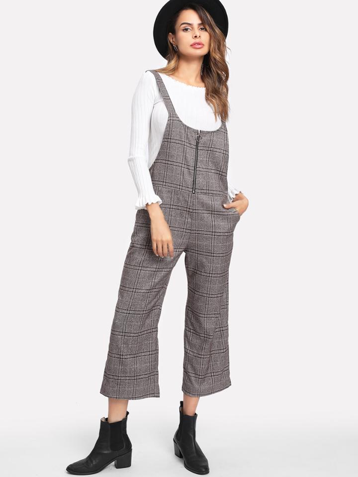 Romwe Ring Zip Plaid Strap Jumpsuit