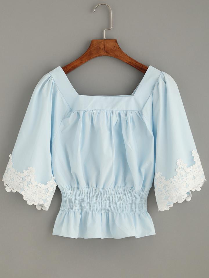 Romwe Square Neck Contrast Crochet Blouse
