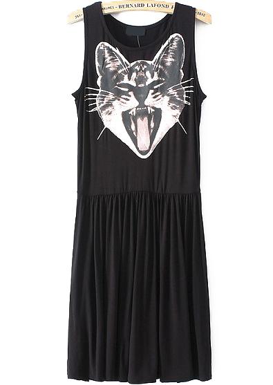 Romwe Cat Print Pleated Dress