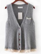 Romwe Grey V Neck Crochet Hem Button Sweater Vest