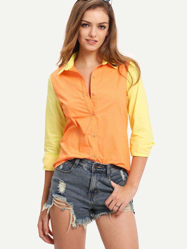 Romwe Orange Color Block Lapel Blouse
