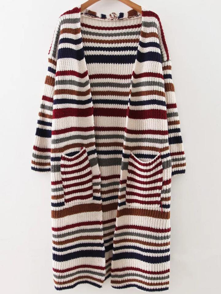 Romwe Red Striped Drop Shoulder Pocket Long Cardigan
