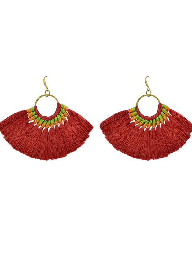 Romwe Red Boho Fan Shaped Earrings Ethnic Style Tassel Big Earrings