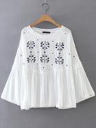 Romwe White Embroidery Bell Sleeve Blouse