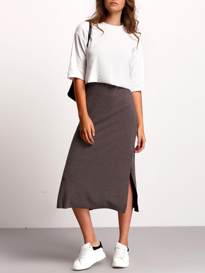 Romwe Grey Spaghetti Strap Split Dress With White Crop Top
