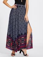 Romwe Ornate Print Slit Skirt