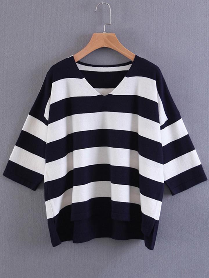 Romwe Block Striped High Low Knitwear