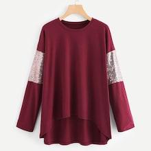 Romwe Contrast Sequin Asymmetric Hem Tee