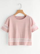 Romwe Striped Hollow Out Lace Panel Tee