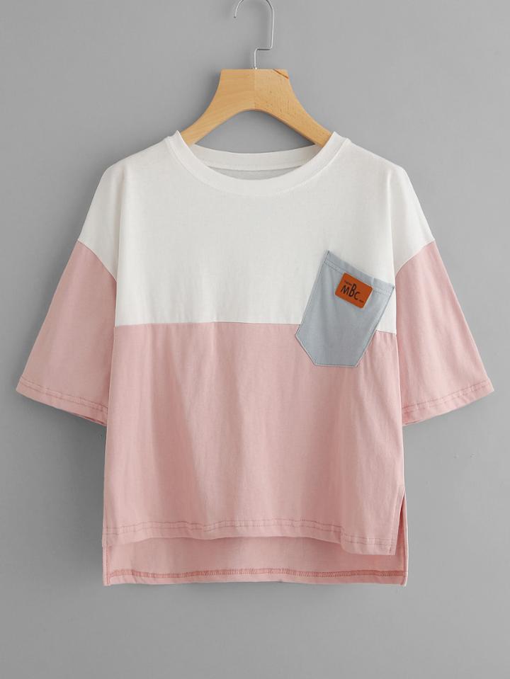 Romwe Dip Hem Pocket Patched Color Block Tee
