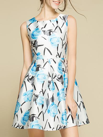 Romwe Sleeveless Flower Print Flare Dress