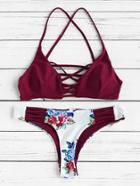 Romwe Flower Print Criss Cross Bikini Set