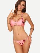 Romwe Strappy Cutout Printed Bikini Set - Pink