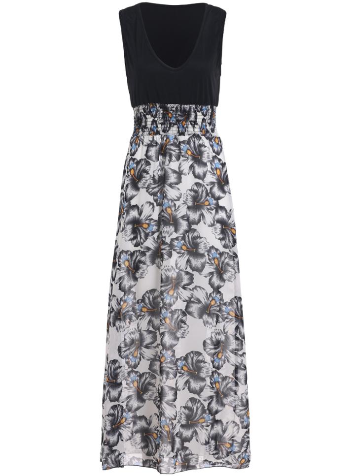 Romwe V Neck Sleeveless Florals Grey Dress