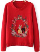 Romwe Squirrel Embroidered Crop Knit Red Sweater