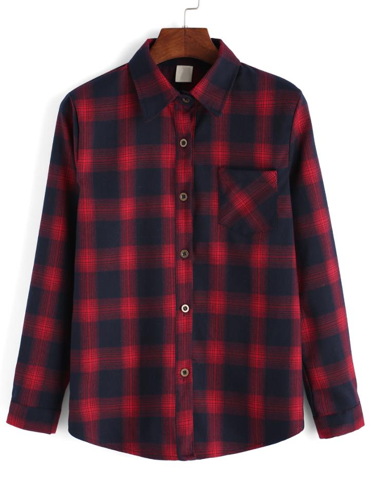 Romwe Lapel Plaid Pocket Buttons Red Blouse