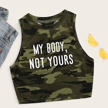 Romwe Slogan Print Tank Camo Top