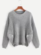 Romwe Grey Drop Shoulder Folded Hem Button Embellished Sweater