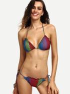 Romwe Multicolor Striped Print Ruffled Side-tie Bikini Set
