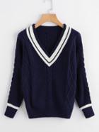 Romwe V Neckline Striped Trim Knit Sweater