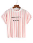 Romwe Vertical Stripe Letter Embroidery T-shirt